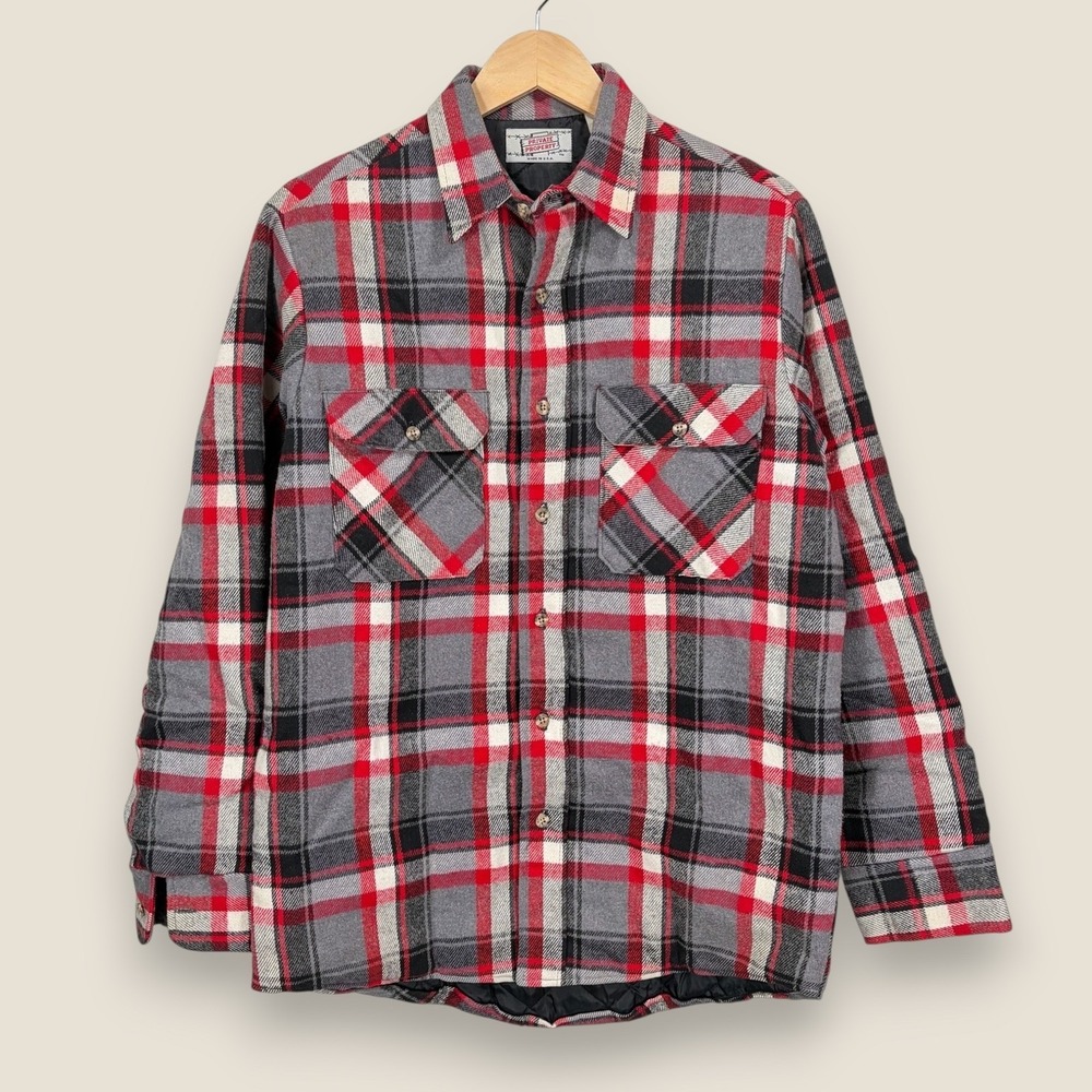 Vintage Private Property Quilted Lined Flannel Shirt Medium Gray Red Plaid USA